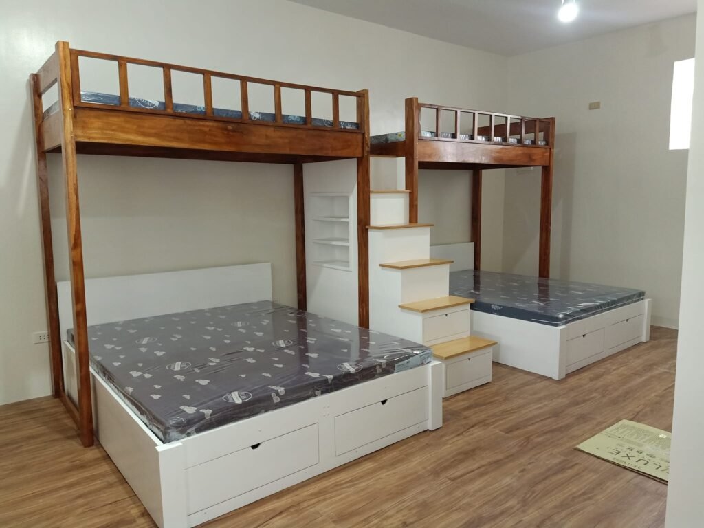 Wooden loft beds with storage drawers and staircase